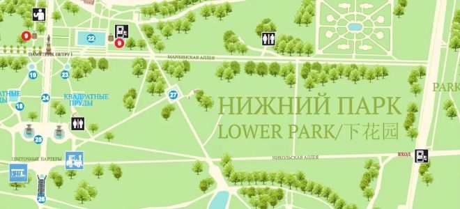 Карта Петергофа с достопримечательностями, фонтанами, нижним и верхним парком