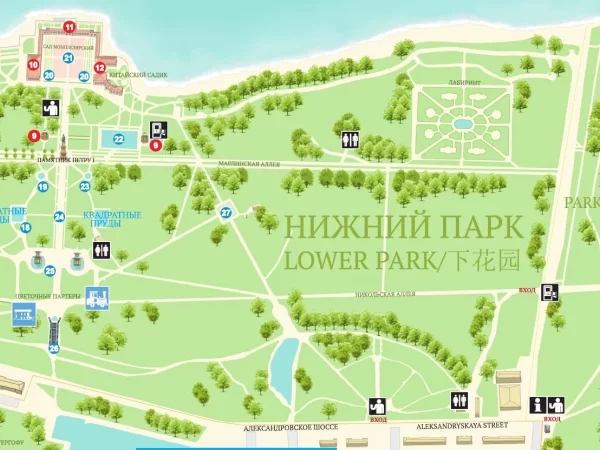 Карта нижнего парка Петергофа с фонтанами